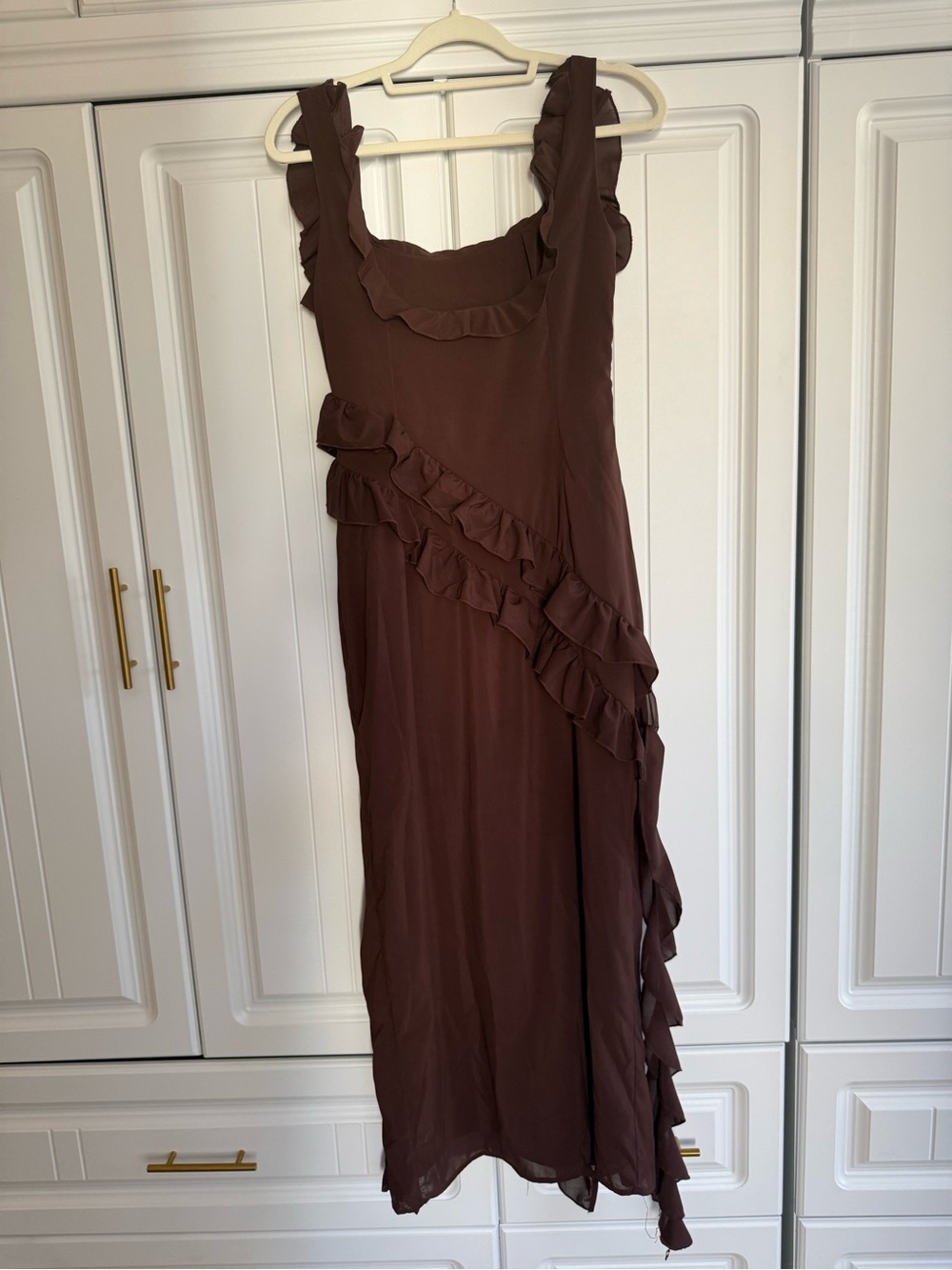 Sleeveless Brown Ruffle Maxi Dress